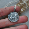 Ancient Geek Coin, necklace, Cista Mystica and Entwined Serpents