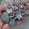 Ancient Geek Coin, necklace, Cista Mystica and Entwined Serpents