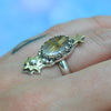 BLEMISHED, Size 6, Moon&Star ring, Golden Star Rutile Quartz, Sterling and Fine Silver