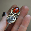 Size 8 - October Sky - Amber Serpent Ring, Sterling and Fine Silver and Brass