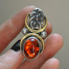 Size 8 - October Sky - Amber Serpent Ring, Sterling and Fine Silver and Brass