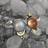 Size 8and8.25, Moon&Star sets, Rainbow Moonstone and Confetti Sunstone, Sterling and Fine Silver