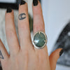 Size 7.75, Emerald colored Sapphire power ring, Solid Sterling and Fine Silver